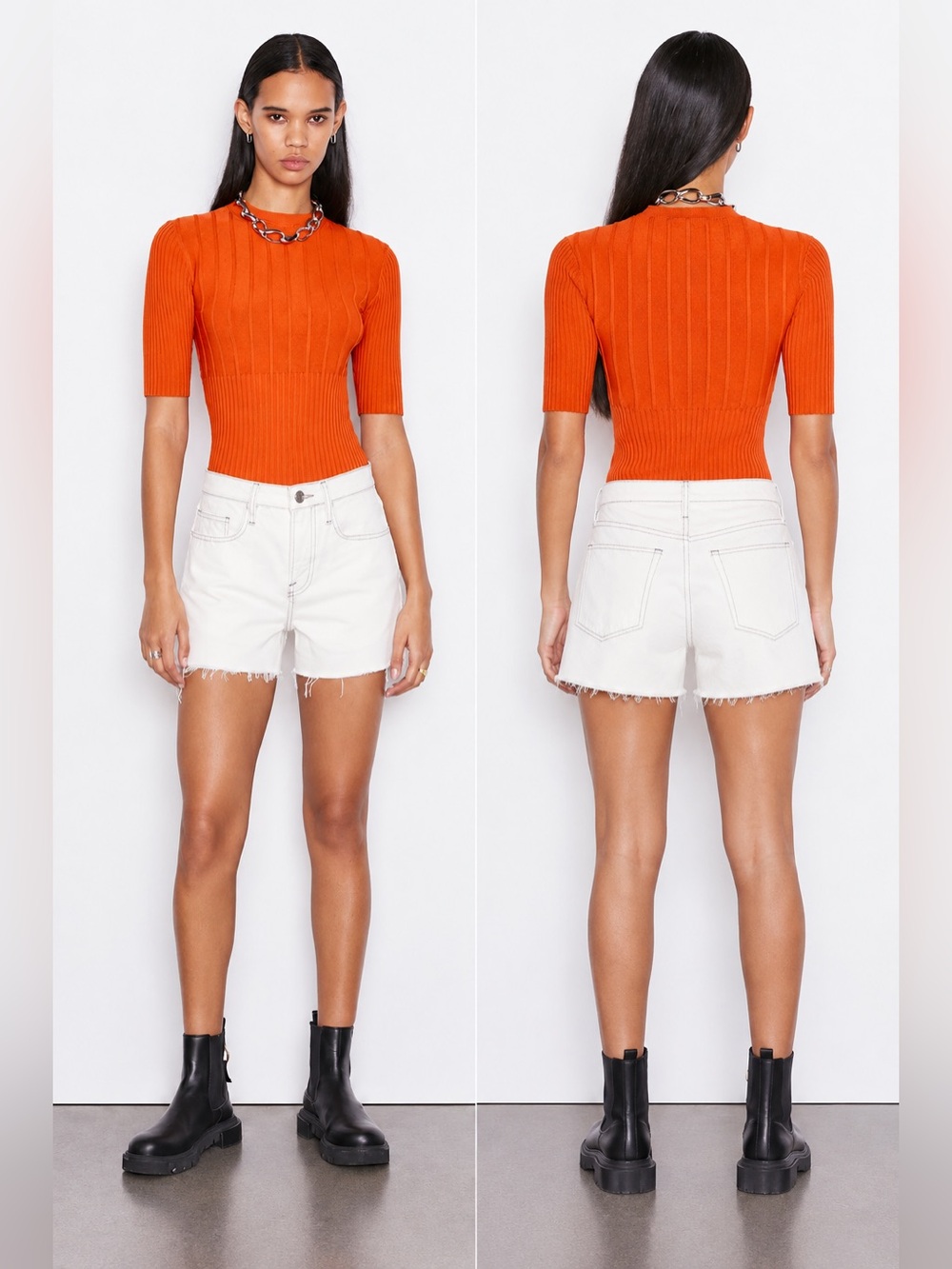 FRAME Orange Short Sleeve Round Neck Pullover Sweater Ribbed Crew Neck Sweater